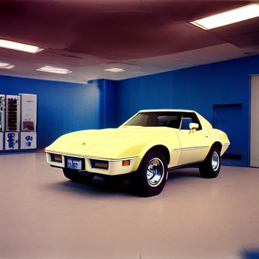 Image similar to 1979 Corvette Bronco, inside of an auto dealership, ektachrome photograph, volumetric lighting, f8 aperture, cinematic Eastman 5384 film