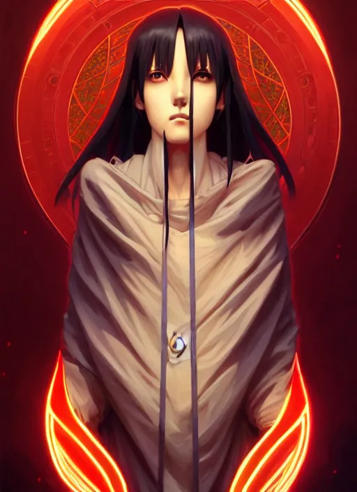 Image similar to symmetry!! itachi, glowing lights!! intricate, elegant, highly detailed, digital painting, artstation, concept art, smooth, sharp focus, illustration, art by artgerm and greg rutkowski and alphonse mucha