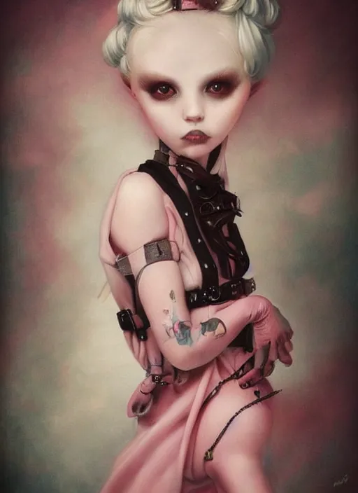 Image similar to pop surrealism, lowbrow art, realistic cute girl painting, pink body harness, shibari, hyper realism, muted colours, rococo, natalie shau, loreta lux, tom bagshaw, trevor brown style,