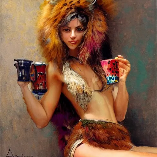 Prompt: a sexy hyena girl drinking coffee with lots of colours. furry body. bare shoulders. furry armpits. highly detailed painting by gaston bussiere, craig mullins, j. c. leyendecker 8 k