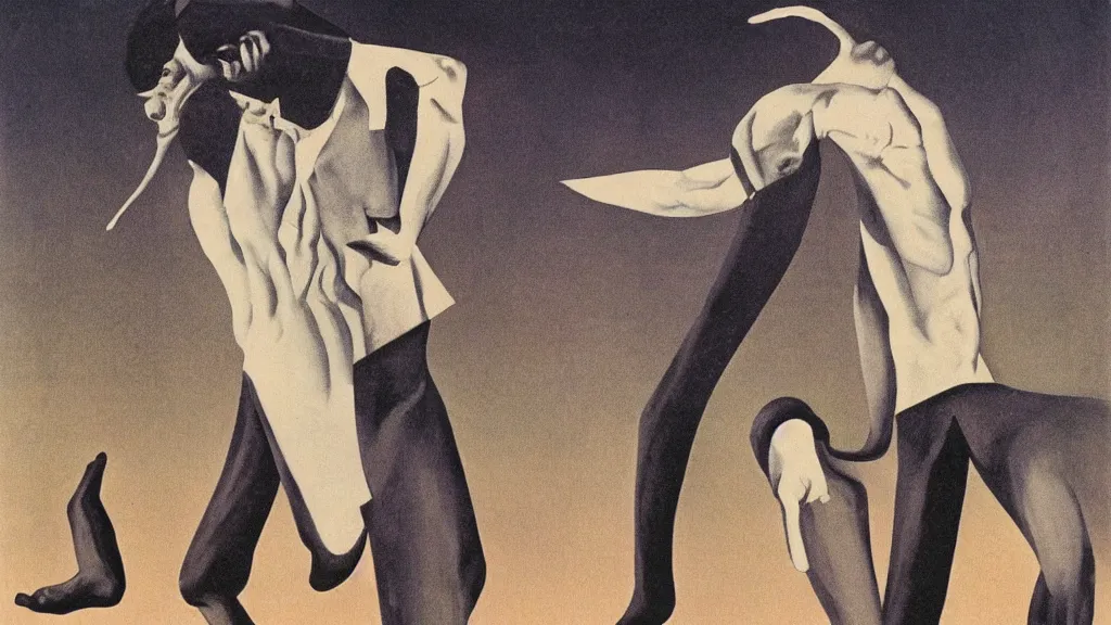 Image similar to A vintage scientific illustration from the 1970s of a men dancing with the devil by René Magritte