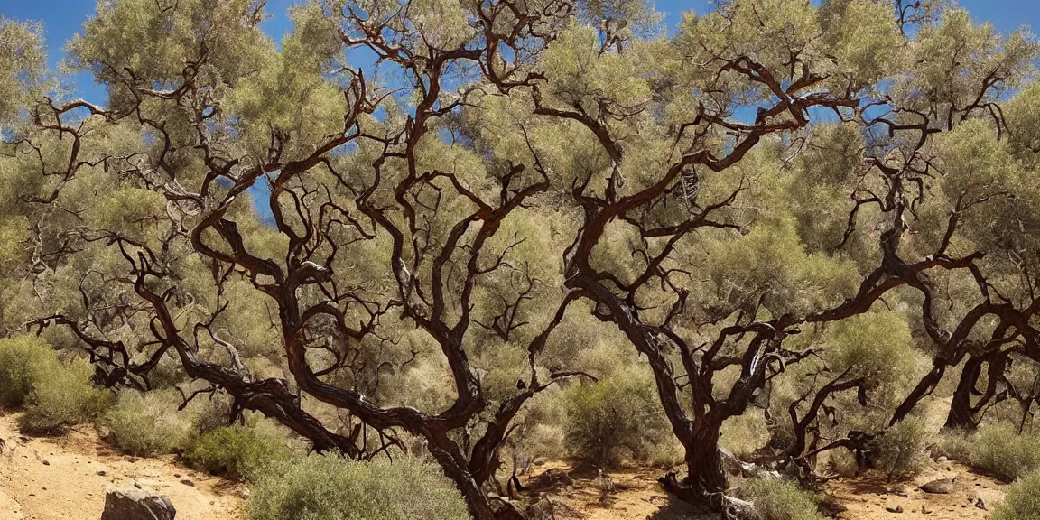 Image similar to California Chaparral environment, Mt. Diablo. Large Manzanita trees, Coyote Brush, Hollyleaf Redberry, Scrub oaks. Rocky environment, somewhat mountainous. Desert-like, heat, July 23, bright and sunny. 98 F. Trending on Artstation, deviantart, worth1000. By Greg Rutkowski. National Geographic and iNaturalist HD photographs