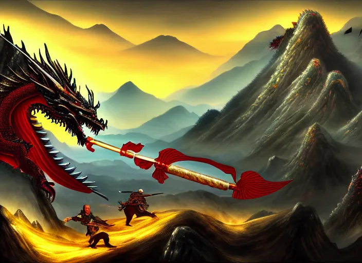 Image similar to Chinese president, bananas weapon, battle, dragon, centered, highly detailed, mountains, epic composition, background, fantasy art, oil painting, 4k