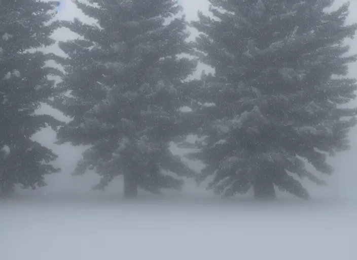 Image similar to a single fir tree in a desolate blizzard landscape, very foggy, out - of - focus lights in the background