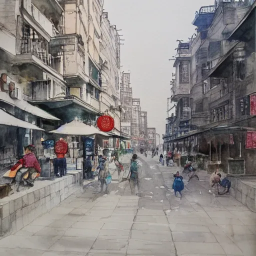 Image similar to Shanghai street scene, highly detailed, contemporary watercolor, smooth, by Joseph Zbikowicz, 8k