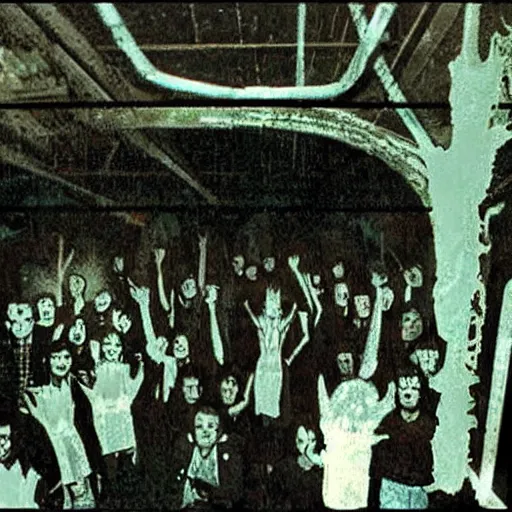 Prompt: found cursed 1990 kodak disposable photo of haunted translucent cryptid entity creature inside creepy abandoned school prom. Midnight. Weirdcore. By Yasuhi Nirasawa, Silent Hill, Hyperrealistic.