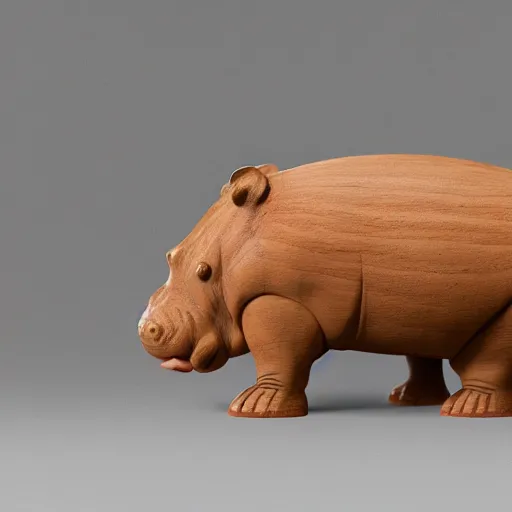 Image similar to studio product shoot, side view of a simplified hippo figurine ( carved from teak wood )!!!! and centered on a white to grey gradient background, wood grain!!!!!!, photorealistic, hyperrealistic, 8 k hd, octane render, unreal engine, featured on cgsociety