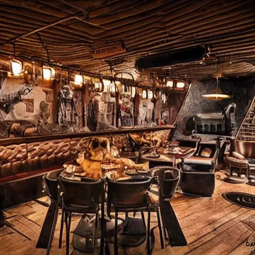 Image similar to architectural digest photo, inside a highly themed restaurant based on the movie mad max furry road