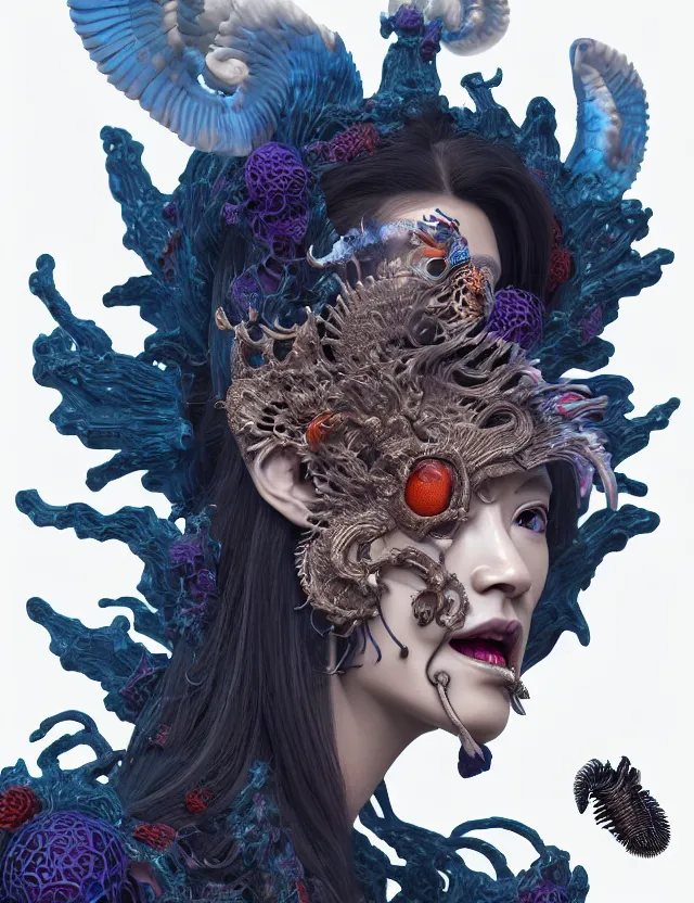 Image similar to 3 d goddess of hell close - up profile portrait with ram skull. beautiful intricately detailed japanese crow kitsune mask and clasical japanese kimono. betta fish, jellyfish phoenix, bio luminescent, plasma, ice, water, wind, creature, artwork by tooth wu and wlop and beeple and greg rutkowski