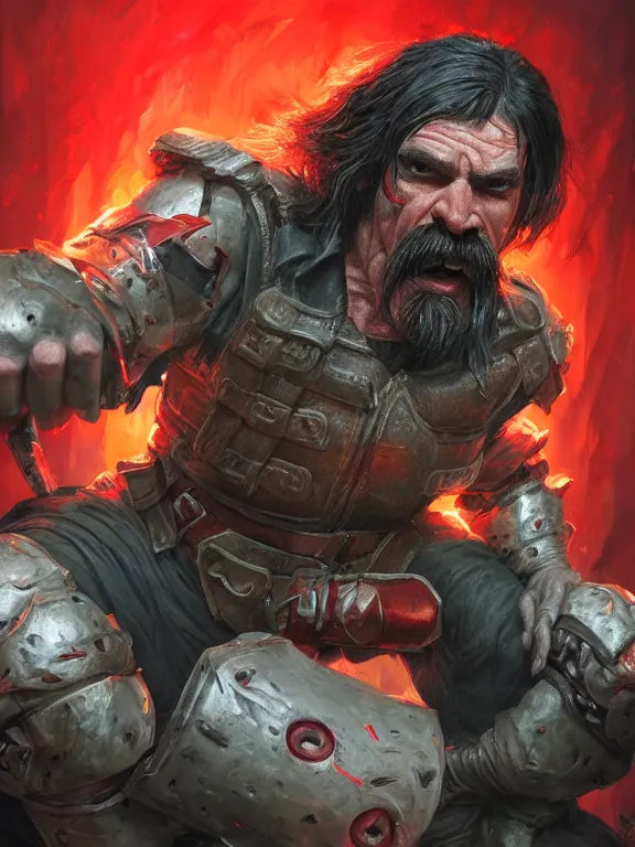 Image similar to Dr Disrespect fighting against an Orc, red lighting, time warping, D&D, fantasy, highly detailed, digital painting, trending on artstation, concept art, sharp focus, illustration, art by artgerm and greg rutkowski and magali villeneuve