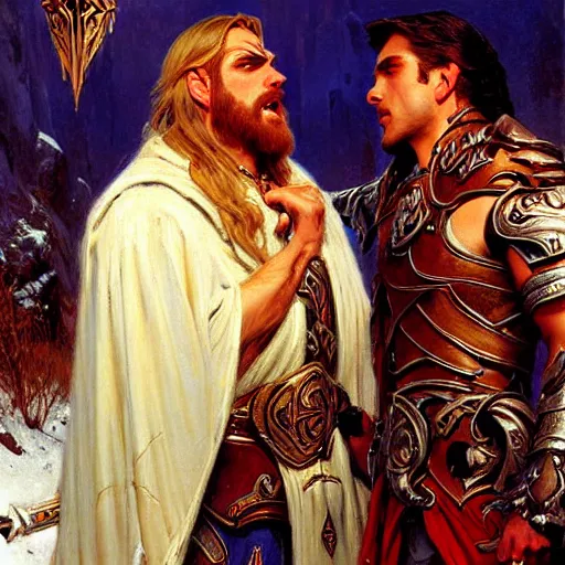 Prompt: attractive fully clothed arthas menethil confesses his love for his attractive fully clothed thrall son of durotan. highly detailed painting by gaston bussiere and j. c. leyendecker 8 k