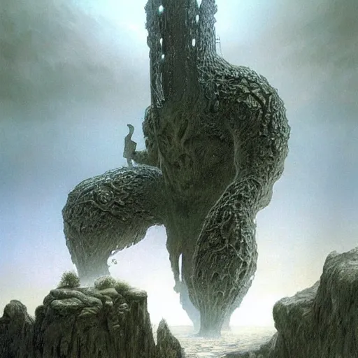 Image similar to concept art of a giant fractal golem, pride, day time, foreboding, fantasy, valley, wayne barlowe