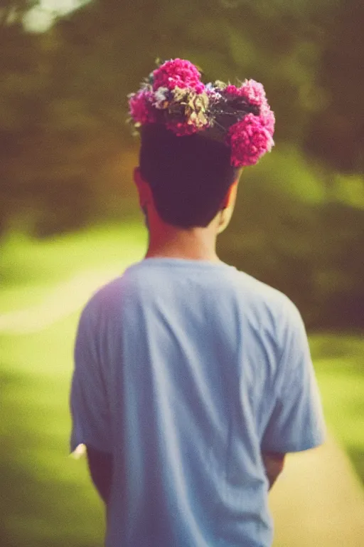 Prompt: agfa vista 4 0 0 close up photograph of a guy wearing a flower crown, back view, synth vibe, vaporwave colors, lens flare, moody lighting, moody vibe, telephoto, 9 0 s vibe, blurry background, grain, tranquil, calm, faded!,