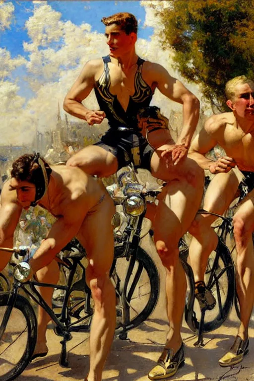 Prompt: handsome male cyclists, tour de france painting by gaston bussiere, craig mullins, j. c. leyendecker, tom of finland