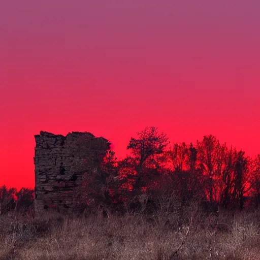 Image similar to leaves blow in the wind. a red glow rises from some ruins nearby.