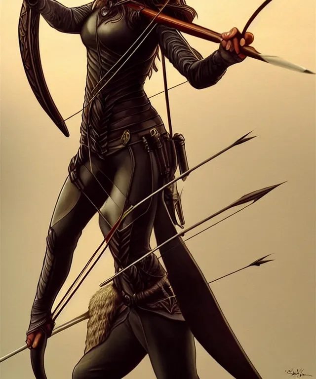 Image similar to katniss as a strong powerful angry fantasy elf with a bow and arrow, portrait, fantasy, intricate, elegant, highly detailed, digital painting, artstation, concept art, smooth, sharp focus, illustration, art by artgerm and larry elmore and alphonse mucha