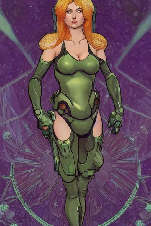 Image similar to samus aran metroid : : kate upton body : : christina hendricks : : portrait : : full body : : decadent highly - detailed digital artwork : : art by mucha and rutkowski, artstation, master prime lenses, cinematic