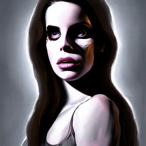 Image similar to color portrait of lana del rey as a zombie with transluscent light, 7 days to die zombie, gritty background, fine art, award winning, intricate, elegant, sharp focus, cinematic lighting, digital painting, 8 k concept art, art by michael hussar, art by brom, art by guweiz and z. w. gu, 8 k