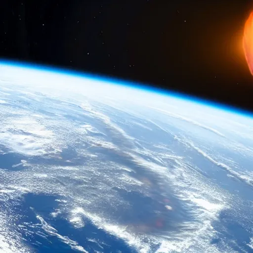 Prompt: the last human in space looking back at the Earth exploding, realistic, very realistic,