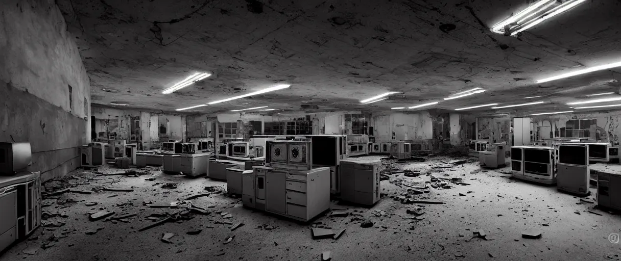 Prompt: abandoned computer laboratory from 1 9 5 0 s - mid xx century - vintage obsolete huge supercomputers computers - chernobyl control room style - high resolution - sharp focus 4 k - dark atmosphere - high contrast - retro futuristic - biomechanic mutation - volumentric lighting - cinematic atmosphere - concept art by hans giger, ruan jia, steve mccurry