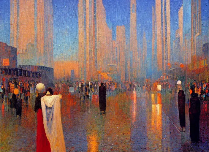 Image similar to an intersection where every street in the world meets, surreal religious painting by minerva teichert and john harris, oil on canvas, impasto,