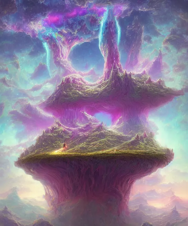 Prompt: an ultra detailed maximalist concept digital art painting of a singular floating island castle, levitating across space in a misty pearlescent nebula by paul lehr kazumasa uchio situated in a starry expanse of bioluminescent cosmic worlds by lee madgwick, beksinski and beeple, ecological art, flying citadel with towers, trending on artstation