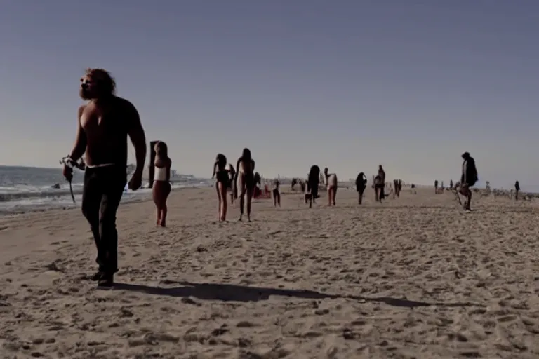 Prompt: cinematography of bigfoot wearing sunglasses walking down the Venice beach boardwalk surrounded by beautiful women on rollerblades by Emmanuel Lubezki