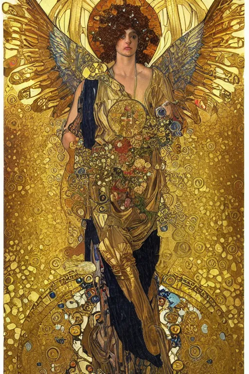 Image similar to a full body portrait of saint michael the archangel oil painting cross between the styles of alphonse mucha and gustav klimt gold leaf, intricate detailed,