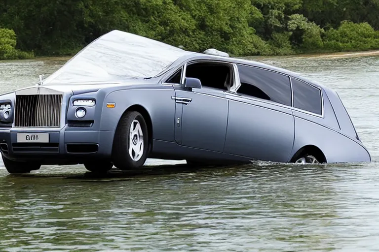 Image similar to Group of teenagers push Rolls-Royce into lake from small slide