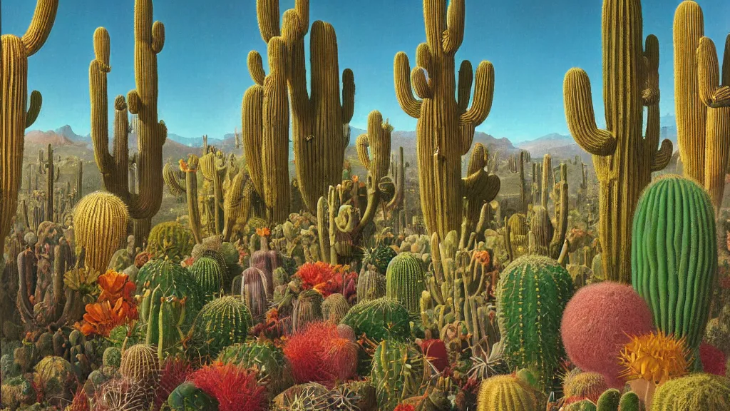 Image similar to cacti surrounded by a single colorful! ( lovecraftian ) humanoid fungus tower white! clear empty sky, a high contrast!! ultradetailed photorealistic painting by jan van eyck, audubon, rene magritte, agnes pelton, max ernst, walton ford, andreas achenbach, ernst haeckel, hard lighting, masterpiece