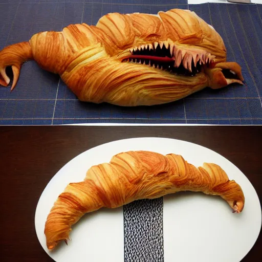 Image similar to a spinosaurus made of croissant