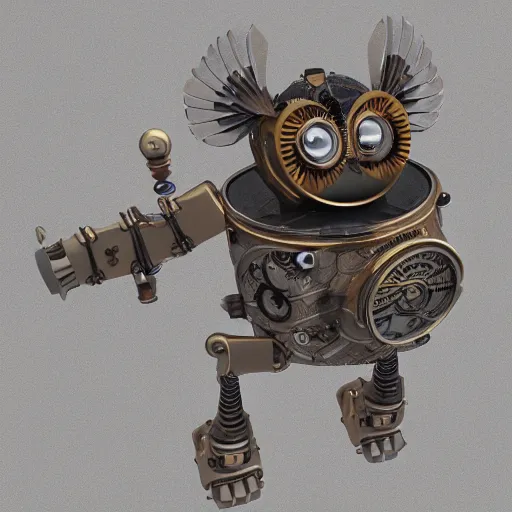 Prompt: 3D render of highely detailed steampunk mechanical owl robot