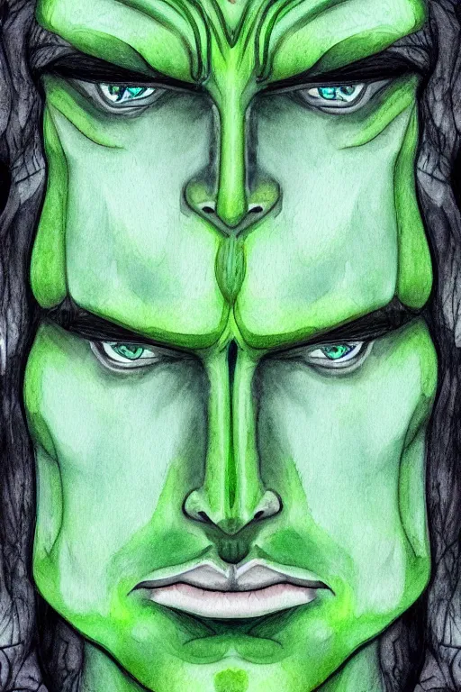 Image similar to green man with prominent cheekbones, deep dimples, and strong jawline. blue eyes, green skin, black hair with white streaks. fantasy portrait illustration, watercolor and colored pencils.