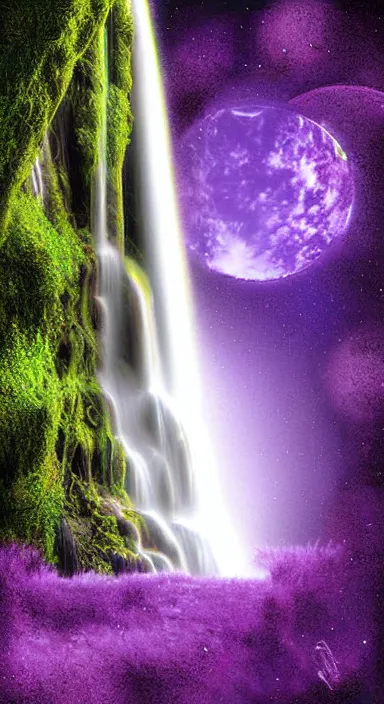 Image similar to purple planet with waterfall pixel artwork, digital art, award winning