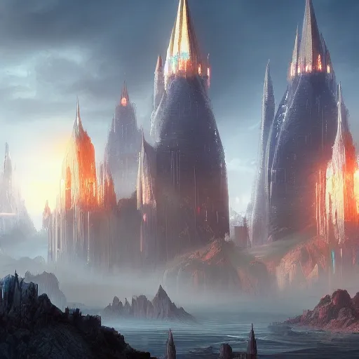 Prompt: beautiful illustration of a beautiful painted of the two towers, science fiction, 4 k detailed, crystal lighting, highly detailed, hyperrealistic, unreal engine