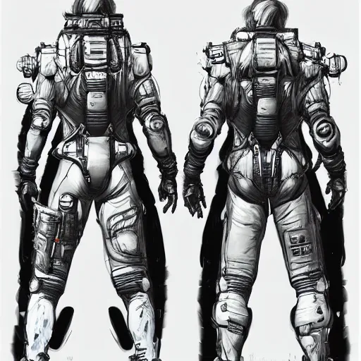 Image similar to Front, side and back character view of Astronaut from Kojima Productions by Yoji Shinkawa with Artgem and Donato Giancola, trending on Artstation concept arts