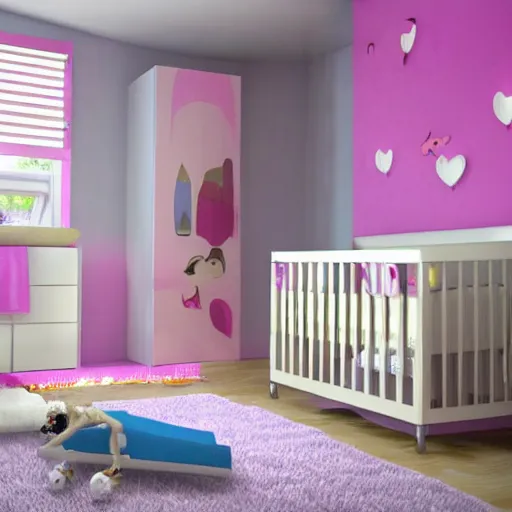 Image similar to modern interior home design for baby room, with cute drawings and colors. Photorealistic, ultra-detailed, high resolution, HDR shot