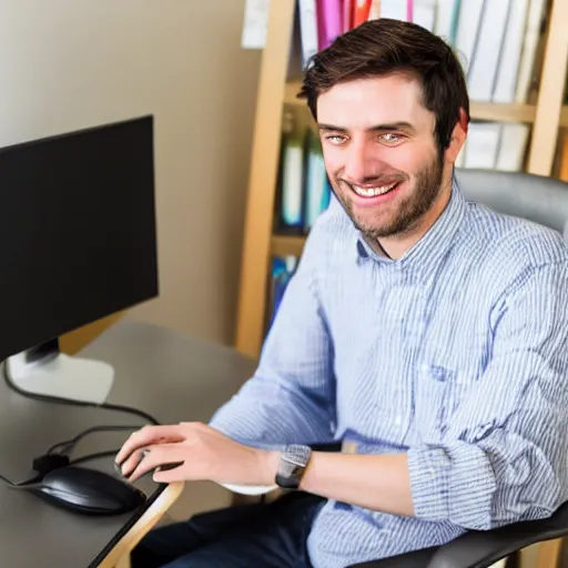 Image similar to smiling software engineer in chair