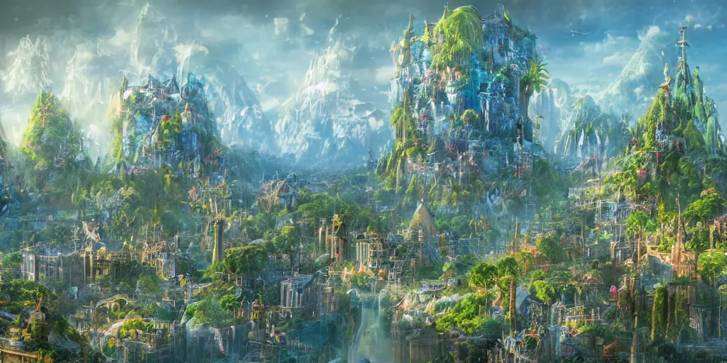 Image similar to City on Bird World, a bright fantasy world inhabited by anthropomorphic birds, a city built into giant trees with distant mountains, fantasy landscape, concept art, matte painting