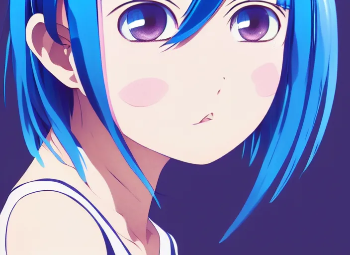 Image similar to anime visual, full body illustration a young woman with blue hair looking out her bedroom window at midnight, cute face by ilya kuvshinov, yoshinari yoh, makoto shinkai, katsura masakazu, dynamic perspective pose, detailed facial features, kyoani, rounded eyes, crisp and sharp, cel shad, anime poster, ambient light,