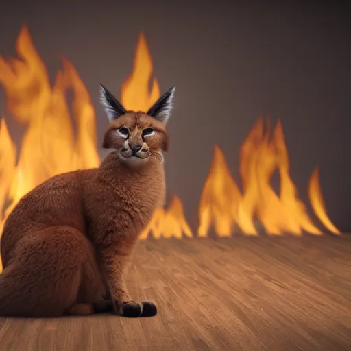 Image similar to wide-angle photo of fluffy cute caracal sitting on a chair in a room, flames of fire at background, octane render, 3d, 8k, hd, studio light