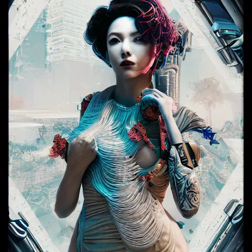 Image similar to the portrait of an absurdly beautiful, graceful, elegant, sophisticated, fashionable cyberpunk gravure idol, an ultrafine hyperdetailed illustration by kim jung gi, irakli nadar, intricate linework, bright colors, collage, porcelain skin, unreal engine 5 highly rendered, global illumination, radiant light, detailed and intricate environment