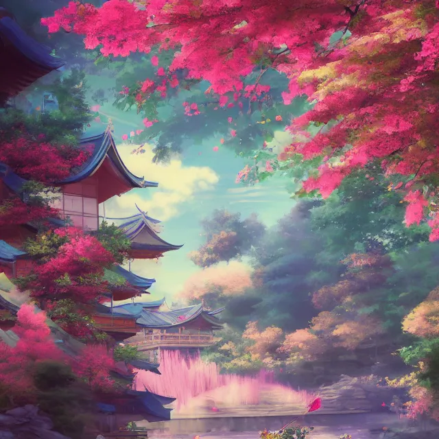 Image similar to detailed 風 景 + luminescent 背 景 + scenery artwork 厚 塗 り, artstation!! pixiv!! coloful geisha in foreground!!