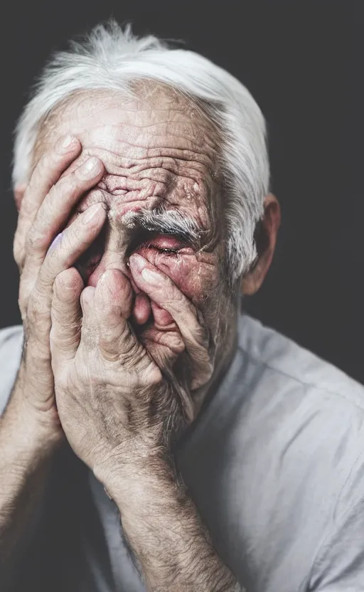 Prompt: photograph of old man crying, tears, white hair