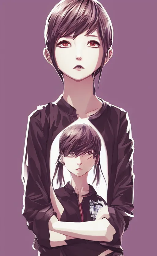 Image similar to shirt art, logo graphic design, manga style, realistic lighting, futuristic solid colors, made by ilya kuvshinov, sold on sukebannyc, from arknights, front portrait of a girl, short neck, jpop clothing, sneaker shoes, simple icons in background