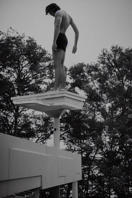 Image similar to gavin casalegno standing on the diving board, 3 5 mm, highly detailed, cinematic lighting