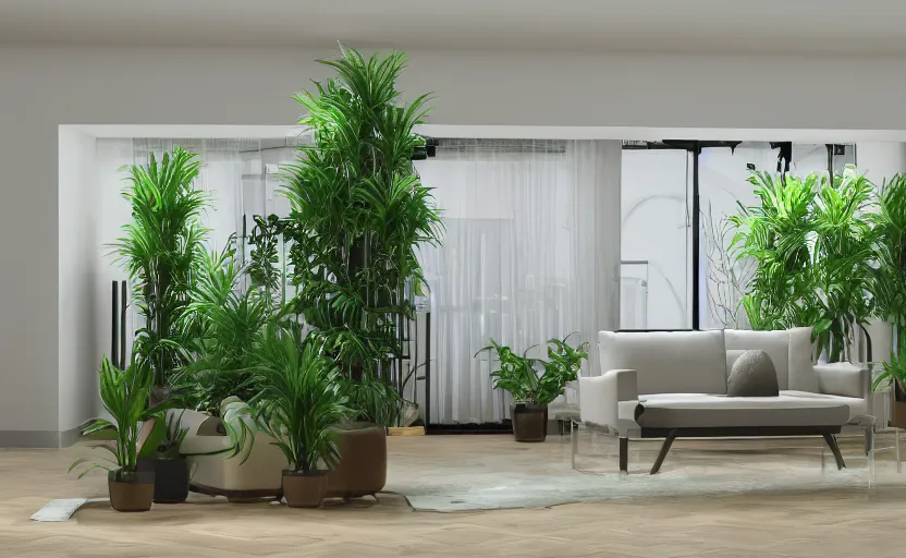 Prompt: empty room, a staircase, big widescren tv screen in the middle, indoor plants, open shiny floor, v - ray render, high contras