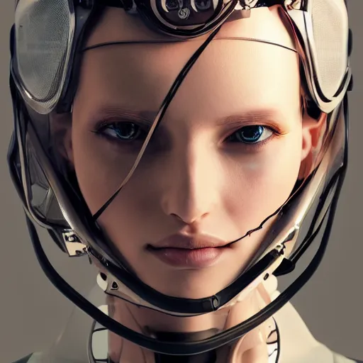 Image similar to a beautiful woman wearing robot suit with wires and light, highly detailed, photorealistic, artstation, smooth