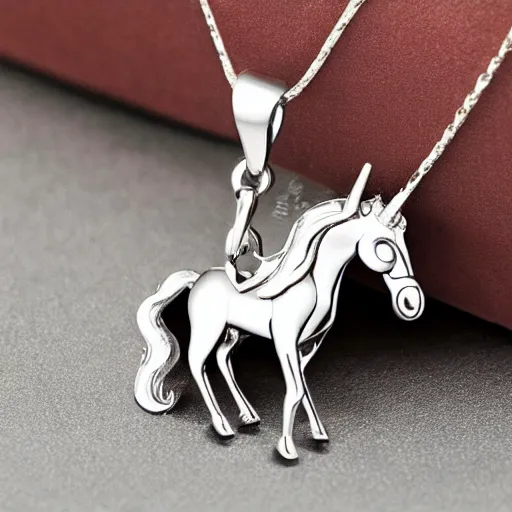 Image similar to a lovely silver cartoon unicorn necklace pendant, pandora style, tiffany style, swarovski style, van cleef & arpels style, cartier style, boucheron style, bulgari style, chaumet style, elegant, noble, stylish