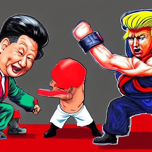 Image similar to xi jinping vs donald trump, street fighters, street fighter, fight, fistfight, digital art, cartoon